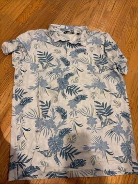 TravisMathew Polo Shirt Mens XL Blue Floral Tropical Golf Short Sleeve Excellent